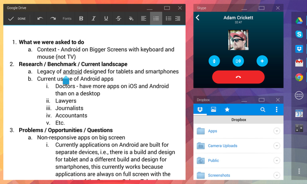 Screenshot of a multi-window operating system for a tablet